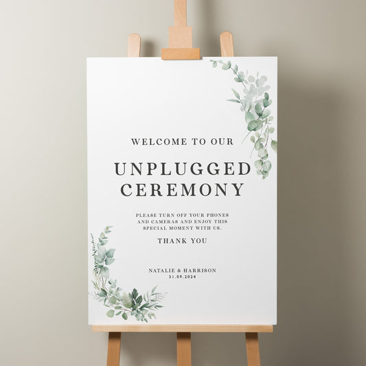 Botanical Unplugged Ceremony Wedding Sign, Greenery Wedding Welcome Sign, Unplugged Ceremony Sign, Foliage Wedding Theme Sign 'Natalie'