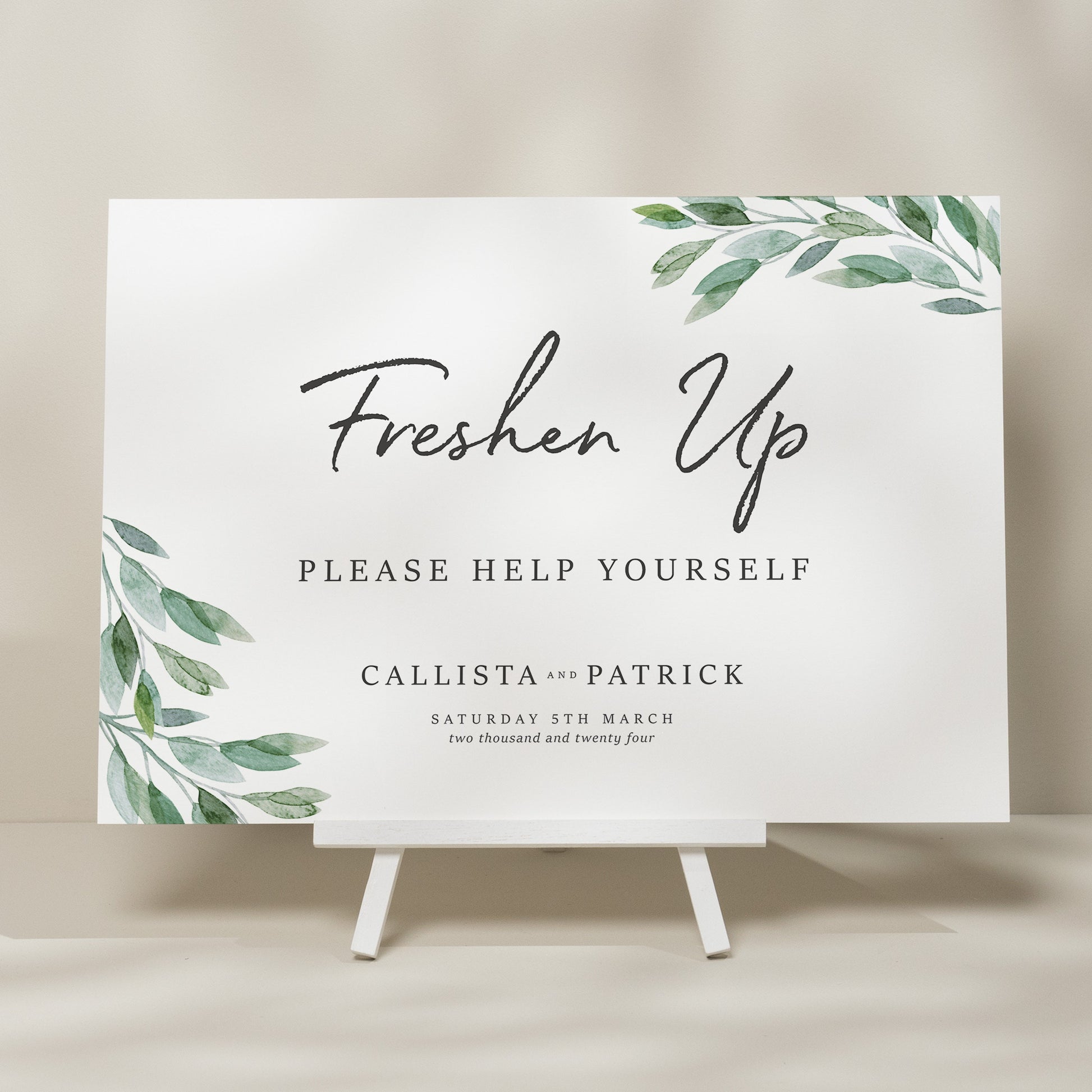 Botanical Greenery Wedding Freshen Up Sign, Bathroom Basket Wedding Sign, Minimalist Wedding Design, Wedding Signage, Foliage 'Callista'
