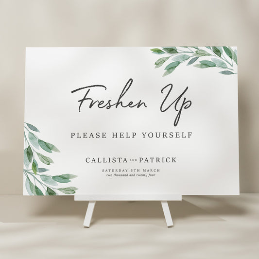 Botanical Greenery Wedding Freshen Up Sign, Bathroom Basket Wedding Sign, Minimalist Wedding Design, Wedding Signage, Foliage 'Callista'