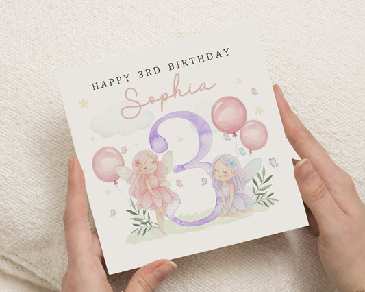 3rd Birthday Card for Girl, Personalised Fairy Birthday Card, Birthday Card for Daughter, Granddaughter, Niece, Cute Birthday Card