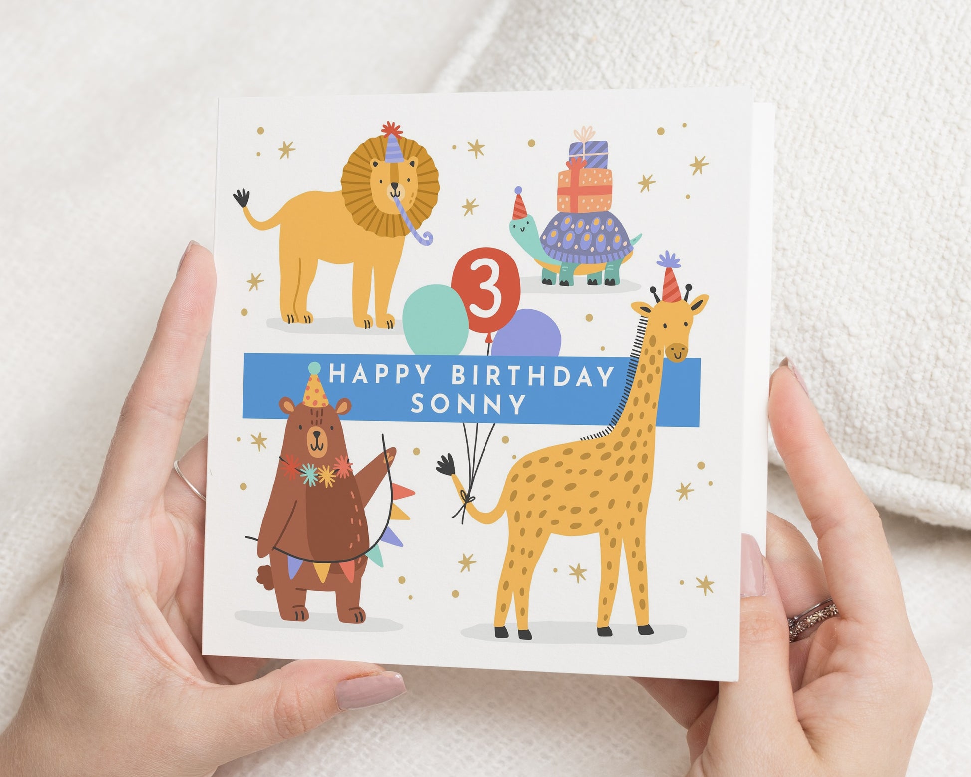3rd Birthday Card, Personalised Birthday Card for Boy, Safari Animal Birthday Card, Birthday Card for Son, Giraffe Lion Bear Card