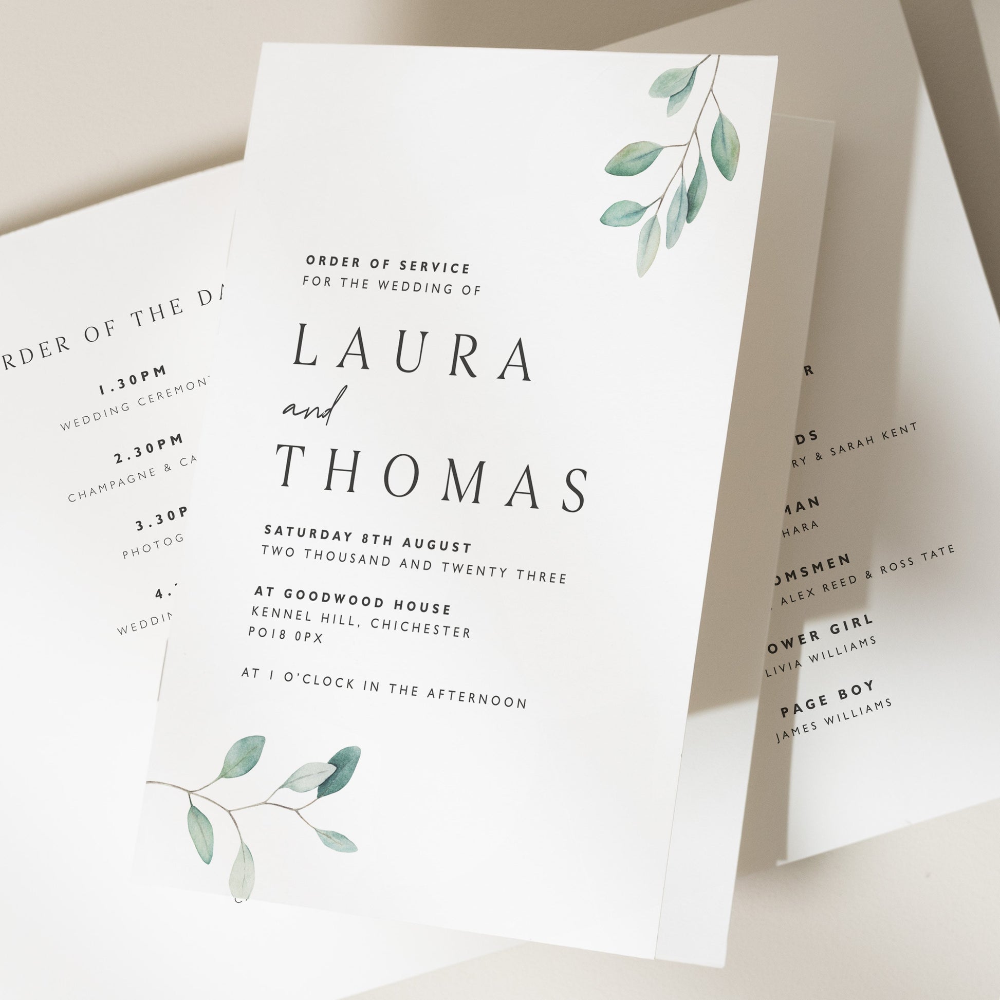 Greenery Order Of Service Booklet, Botanical Wedding Ceremony Booklet, Sage Green Wedding Program with Order of the Day Timeline 'Laura'