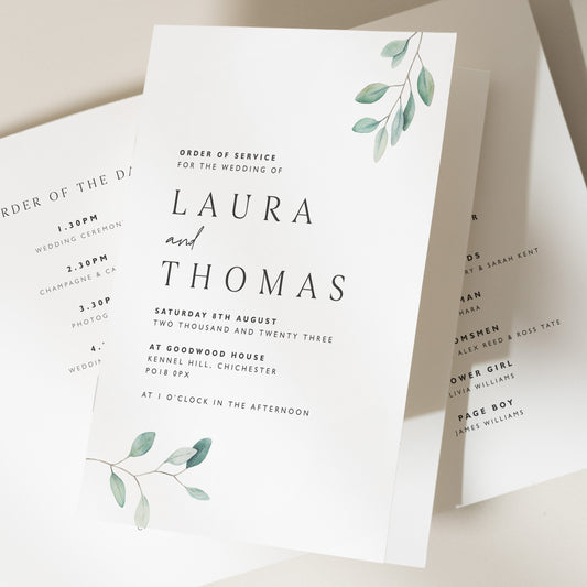 Greenery Order Of Service Booklet, Botanical Wedding Ceremony Booklet, Sage Green Wedding Program with Order of the Day Timeline 'Laura'