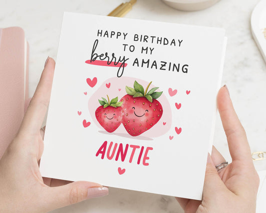Birthday Card for Auntie, Cute Birthday Card for Her, Auntie Birthday Card, Strawberry Birthday Card, Personalised Birthday Card