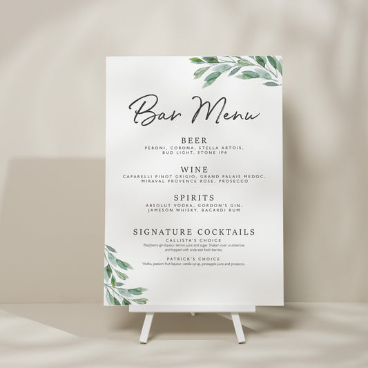 Botanical Greenery Drinks Menu Wedding Sign, Bar Menu Wedding Sign, Minimalist Wedding Design, Wedding Signage, Foliage 'Callista'