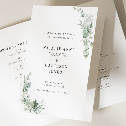 Botanical Wedding Ceremony Booklet, Greenery Order Of Service Programme, Sage Green Floral Order Of Service Booklet For Guests 'Natalie'