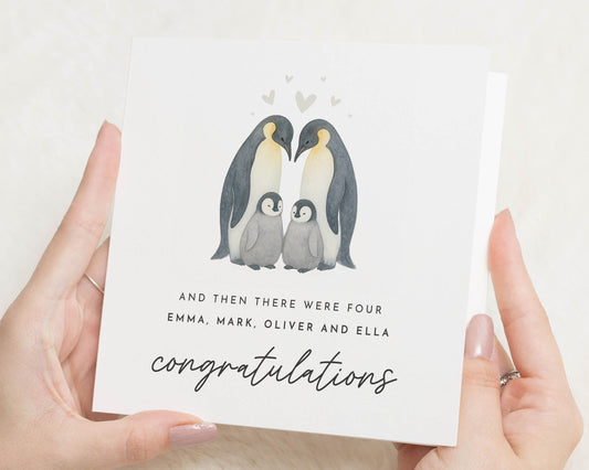 New Baby Card, Family of Four Card, Then There Were Four, Penguin Family Card, Congratulations Card, Personalised Card, Animal Card