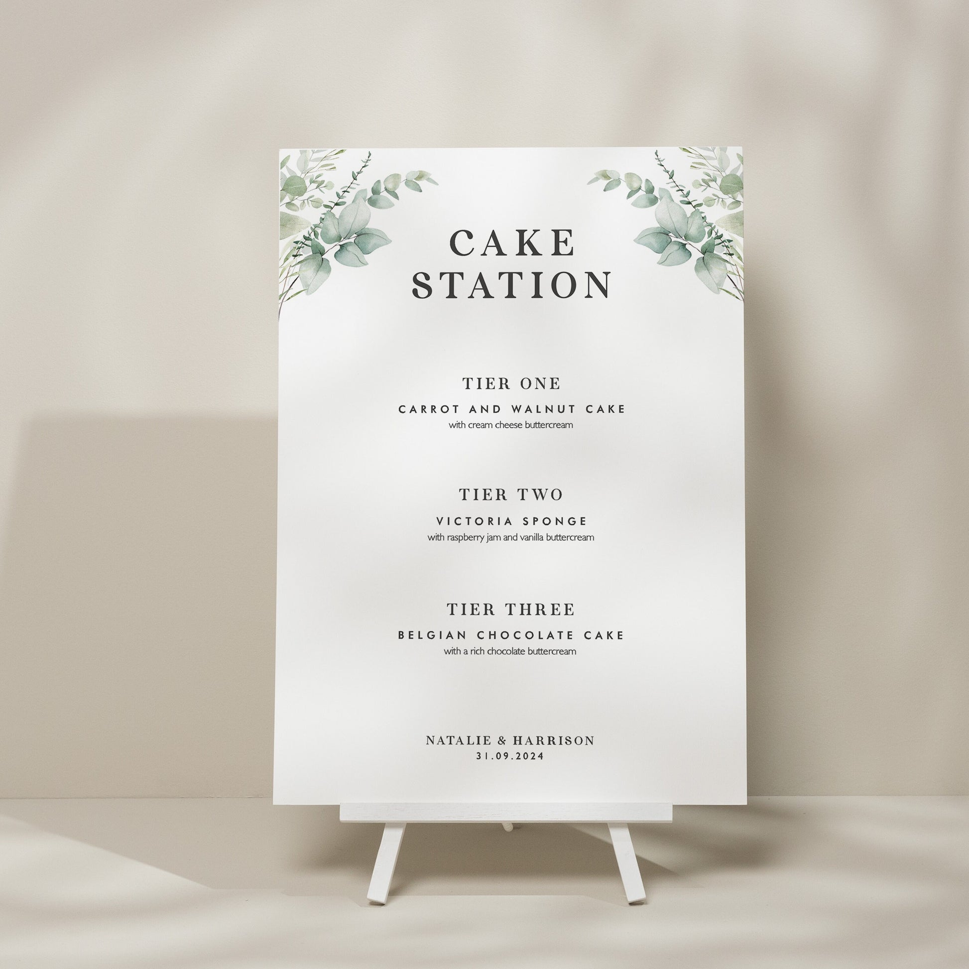 Custom Cake Flavour Wedding Sign, Botanical Cake Menu Wedding Sign, Minimalist Foliage Wedding Theme Sign, Greenery Wedding Signs 'Natalie'