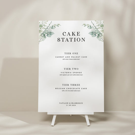 Custom Cake Flavour Wedding Sign, Botanical Cake Menu Wedding Sign, Minimalist Foliage Wedding Theme Sign, Greenery Wedding Signs 'Natalie'