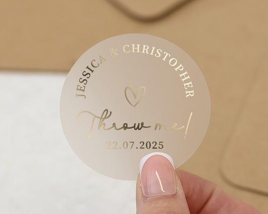 Wedding Confetti Sticker, Personalised Throw Me Sticker, Gold Foil Wedding Label, Custom Wedding Confetti Sticker, Wedding Day Sticker