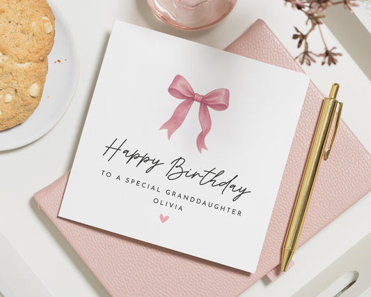 Birthday Card for Granddaughter, Special Granddaughter Birthday Card, Personalised Birthday Card, Pink Bow Birthday Card for Girl