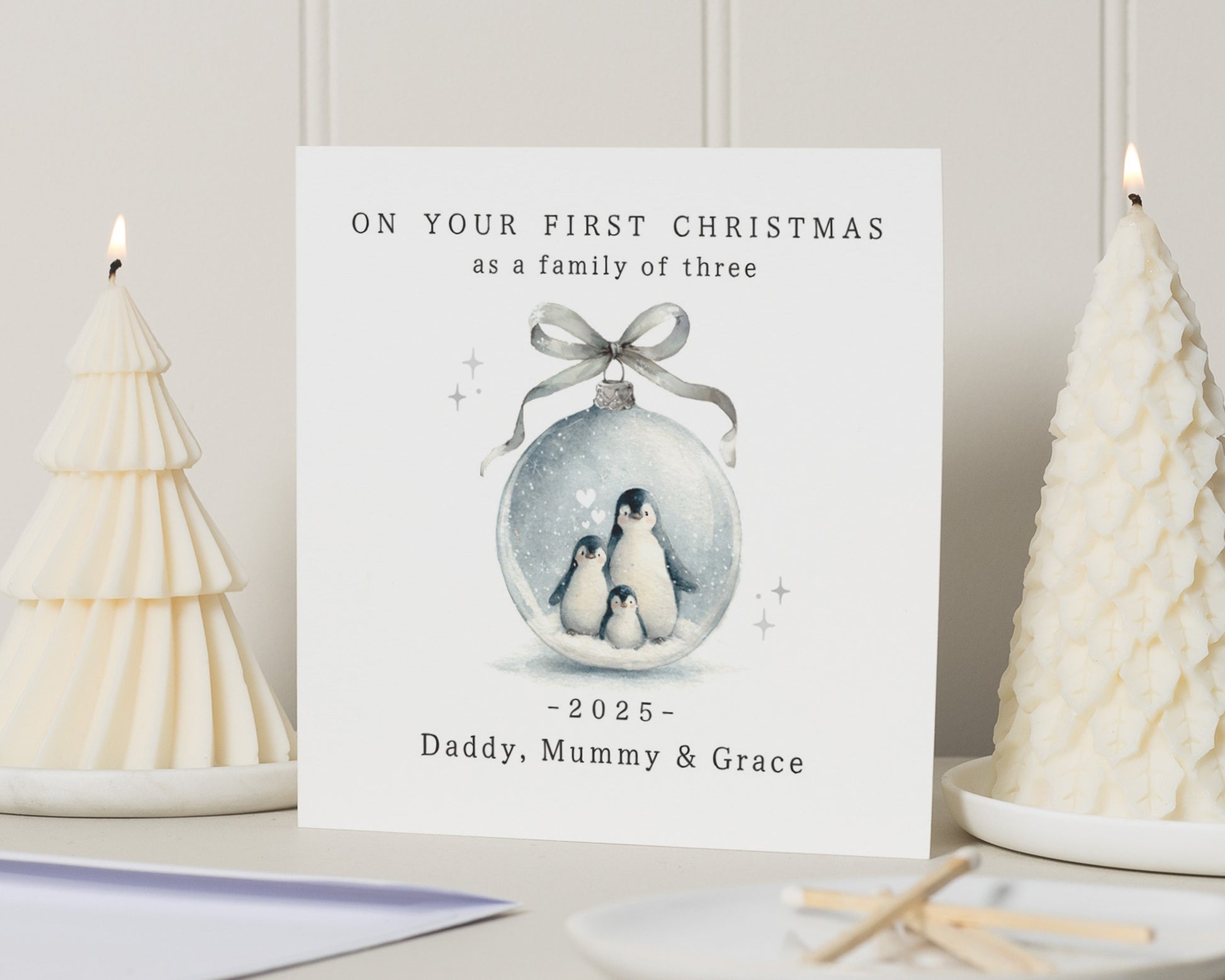 First Christmas Card Family of Three, Personalised Penguin Christmas Card, First Christmas Card for Parents, Family Christmas Card