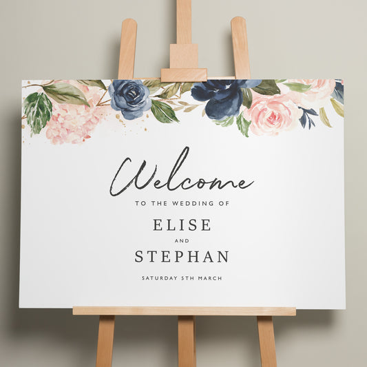 Floral Wedding Welcome Sign, Personalised Flowers Welcome Sign, A1 Wedding Signage, Blush Pink Floral Wedding Decor, A1 Signs 'Elise'