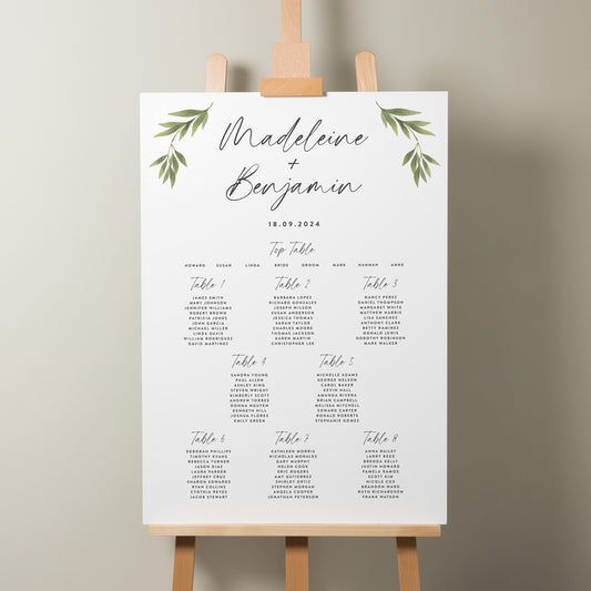 Personalised Eucalyptus Table Seating Plan, Greenery Wedding Table Plan, Find Your Seat Sign, Botanical Foliage Wedding Sign 'Madeleine'