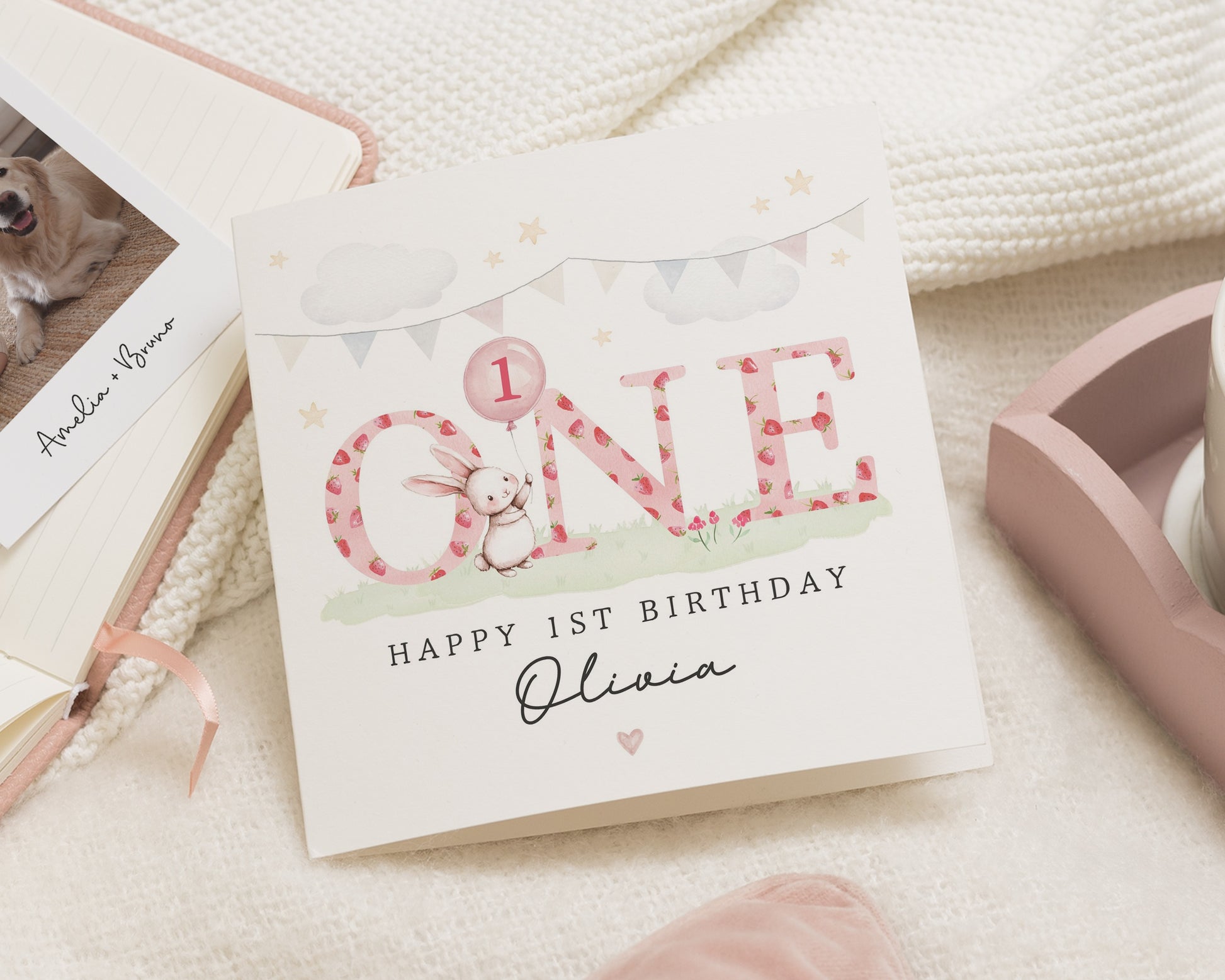 1st Birthday Card for Girl, Personalised Bunny Birthday Card, First Birthday Card, Birthday Card for Daughter, Cute Birthday Card