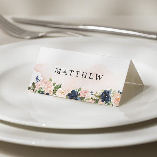 Watercolor Place Cards, Floral Wedding Place Cards, Pink And Navy Place Card, Personalised With Guest Names, Placecards Wedding 'Elise'