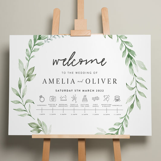 Floral Wedding Order Of Event, Botanical Wedding Timeline Sign, Order of the day, Order Of Events, Floral Wreath Wedding Itinerary 'Amelia'