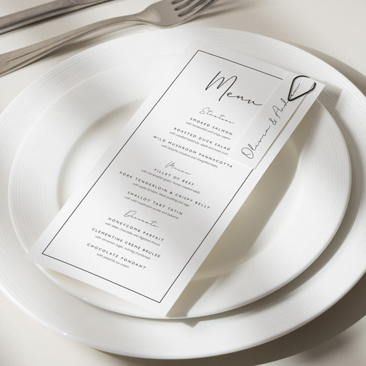 Simple Wedding Menu And Place Card, Elegant Menu Cards For Weddings, Printed With Guest Name Tags, Minimal Wedding Menu Card 'Olivia'