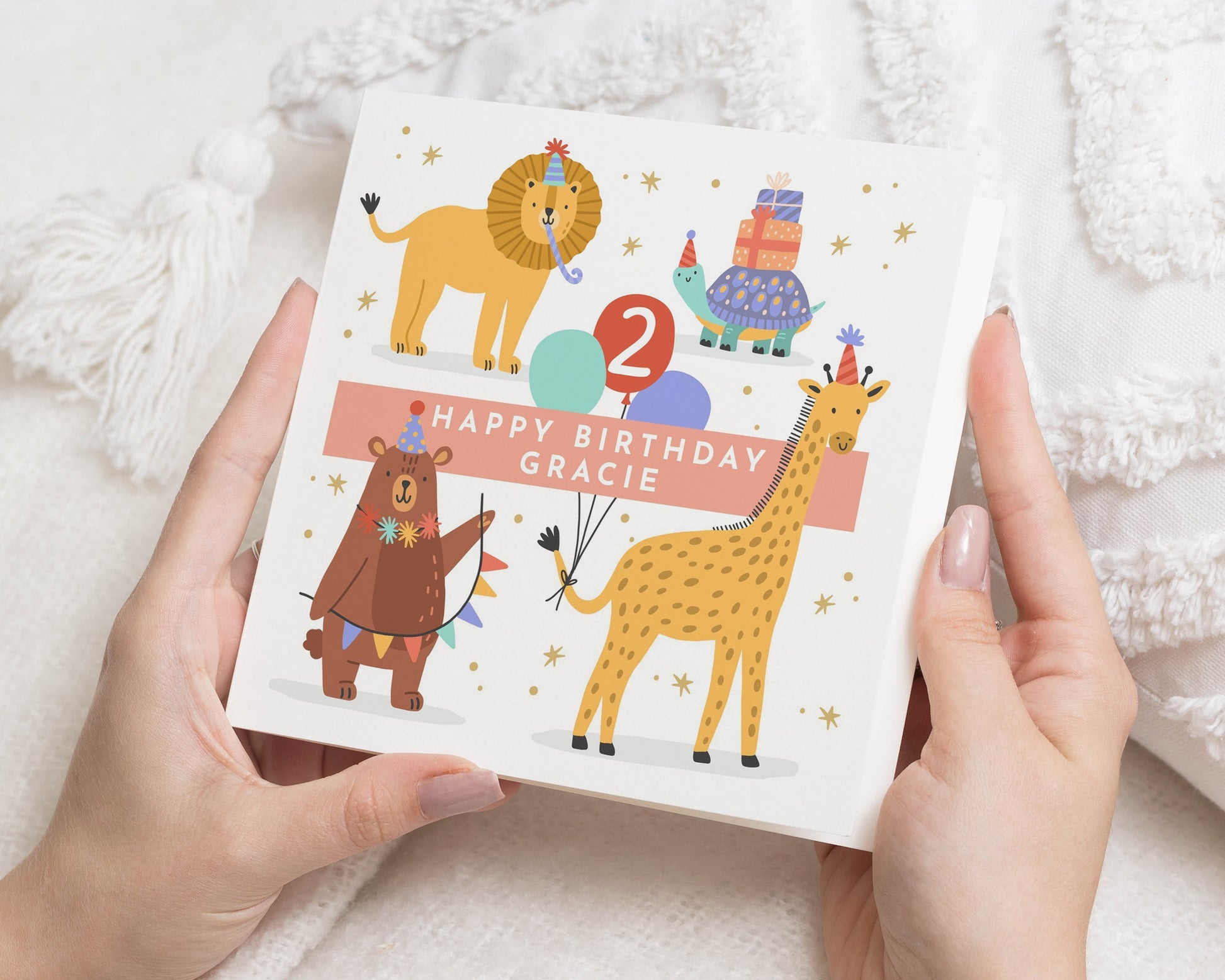2nd Birthday Card, Personalised Birthday Card for Girl, Safari Animal Birthday Card, Birthday Card for Daughter, Cute Kids Birthday Card