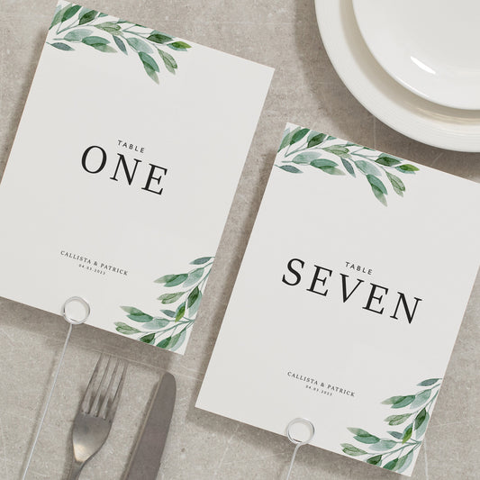 Personalised Greenery Wedding Table Numbers, Eucalyptus Reception Table Names, Botanical Table Number Cards, Rustic Table Number 'Callista'