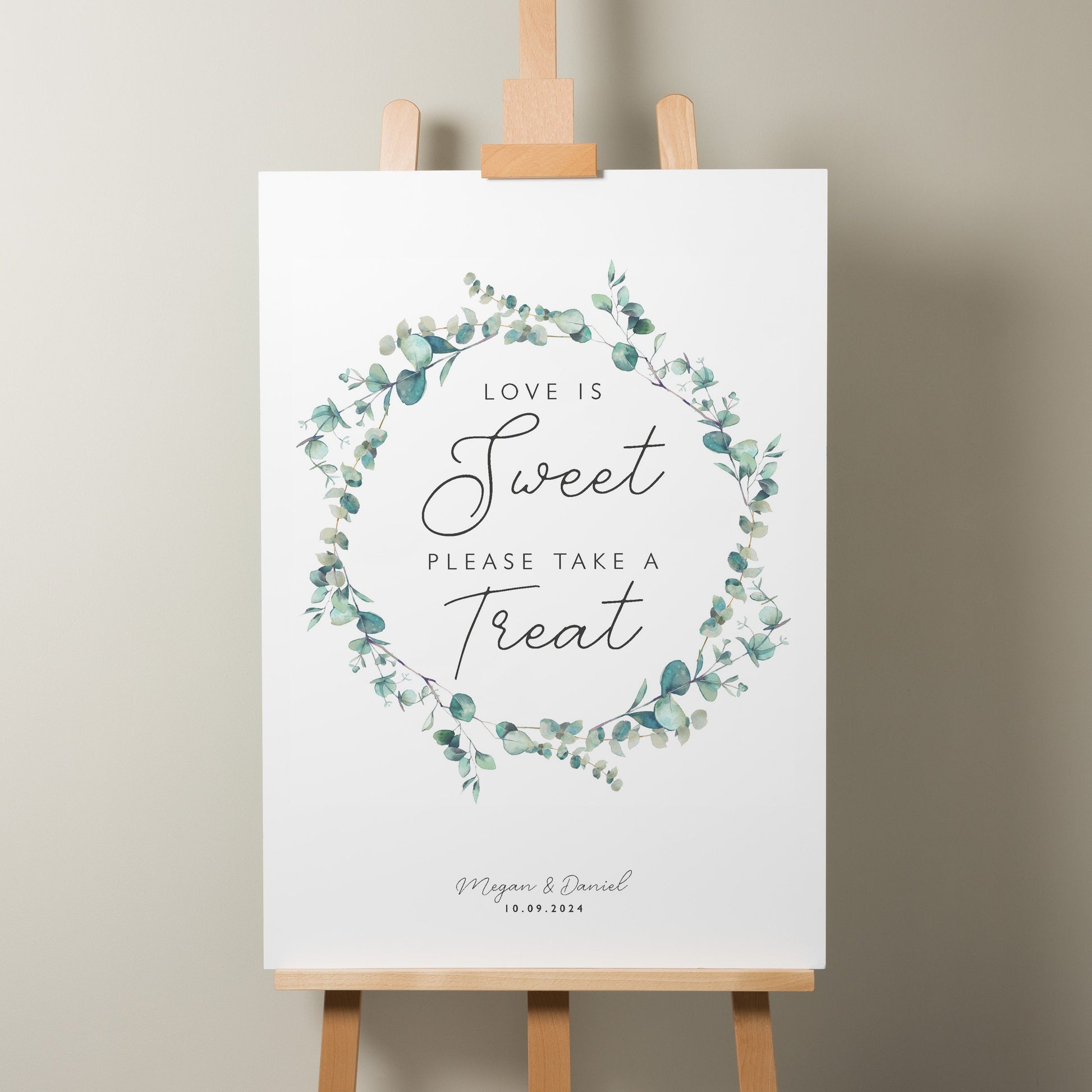 Greenery Wreath Wedding Sweet Table Sign, Sweet Station Wedding Sign, Sweet Sign For Wedding, Botanical Foliage Wedding Signage 'Megan'