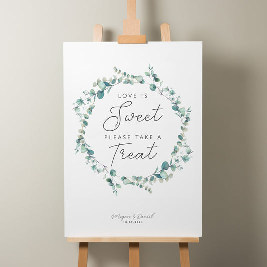 Greenery Wreath Wedding Sweet Table Sign, Sweet Station Wedding Sign, Sweet Sign For Wedding, Botanical Foliage Wedding Signage 'Megan'