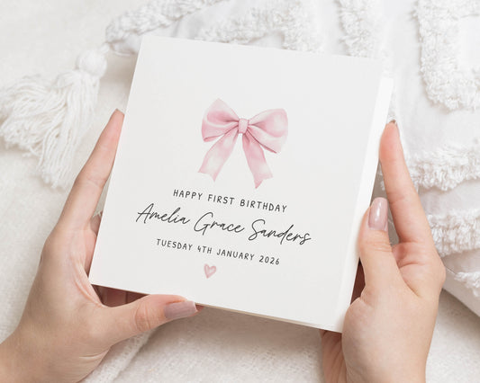 First Birthday Card, Personalised 1st Birthday Card, Birthday Card for Girl, Pink Bow Card, Daughter Birthday Card