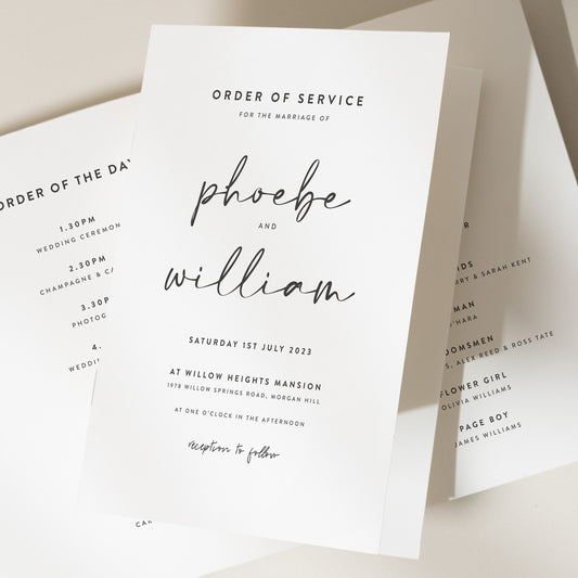 Script Order Of Service, Mordern Wedding Booklet, Elegant Wedding Ceremony Booklet, Simple Calligraphy Order of Service For Wedding 'Phoebe'