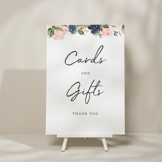 Floral Wedding Sign, Cards And Gifts Wedding Sign, Blush Pink And Navy Wedding Sign, Wedding Cards And Gifts Sign, Modern Signage 'Elise'