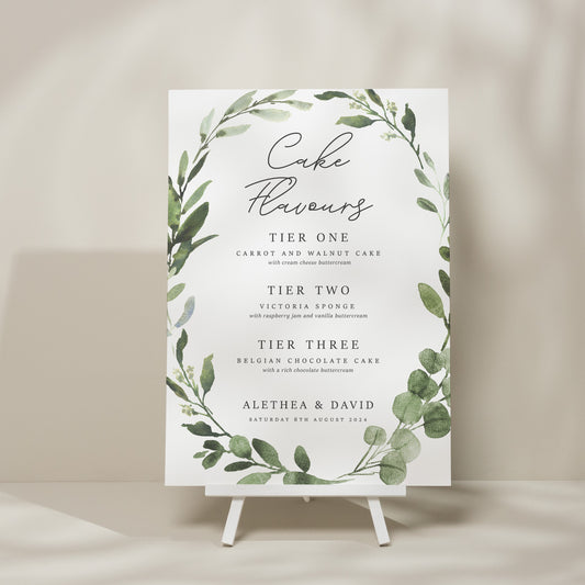 Botanical Wedding Cake Menu Sign, Cake Station Wedding Sign, Eucalyptus Wedding Sign, Greenery Cake Flavour Sign, Simple Sign 'Alethea'