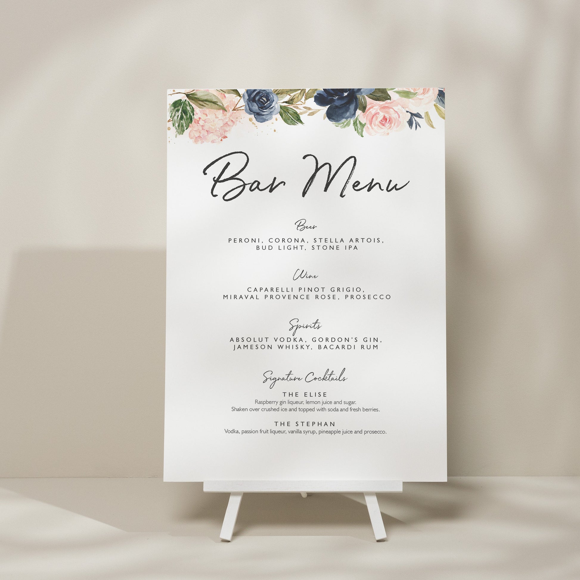 Floral Wedding Sign, Bar Menu Wedding Sign, Blush Pink And Navy Drink Menu, Flower Decor, Modern Wedding Signage 'Elise'