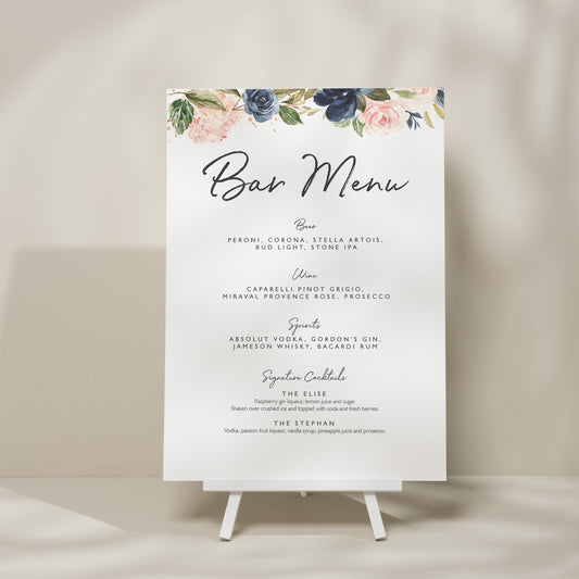 Floral Wedding Sign, Bar Menu Wedding Sign, Blush Pink And Navy Drink Menu, Flower Decor, Modern Wedding Signage 'Elise'