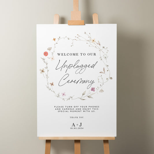 Floral Wedding Unplugged Ceremony Sign, On The Day Wedding Sign, Wildflower Wedding Ceremony Sign, Unplugged Sign, Minimalist Sign 'Annie'