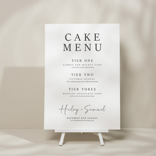Simple Modern Wedding Cake Flavour Sign, Calligraphy Cake Menu Sign, Simple Wedding Sign, Cake Station Sign, Wedding Stationery 'Hailey'
