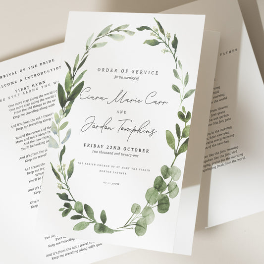 Greenery Order Of Service For Wedding Day, Foliage Order Of The Day, Botanical Wedding Service Program, Olive Green A5 Booklets 'Alethea'