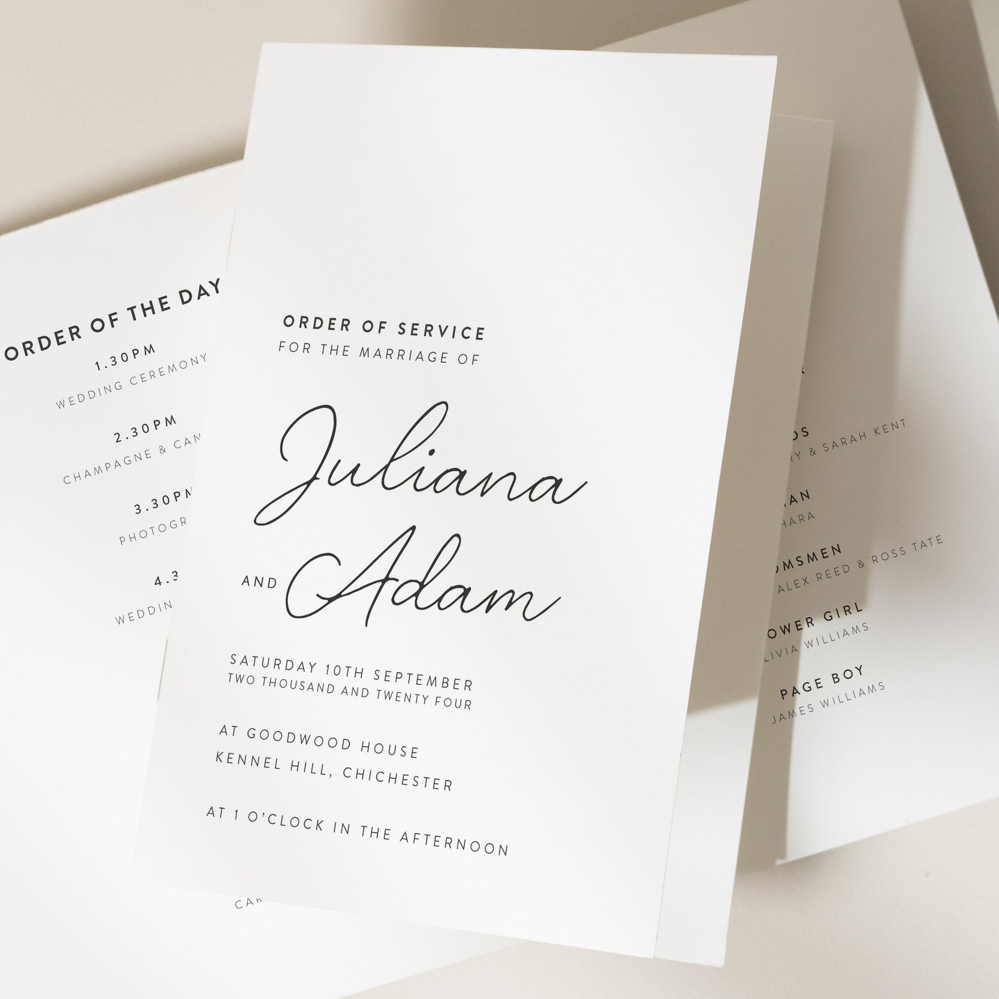 Calligraphy Order Of Service Booklet, Minimalist Order Of The Day Programme, Simple Wedding Service Booklet For Guests 'Juliana'