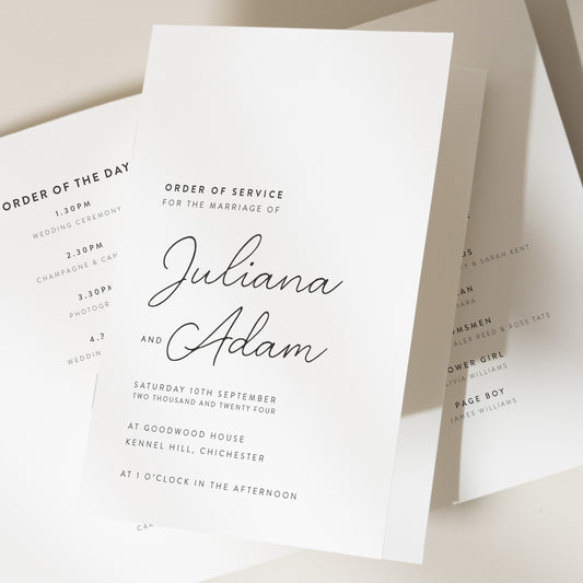 Calligraphy Order Of Service Booklet, Minimalist Order Of The Day Programme, Simple Wedding Service Booklet For Guests 'Juliana'