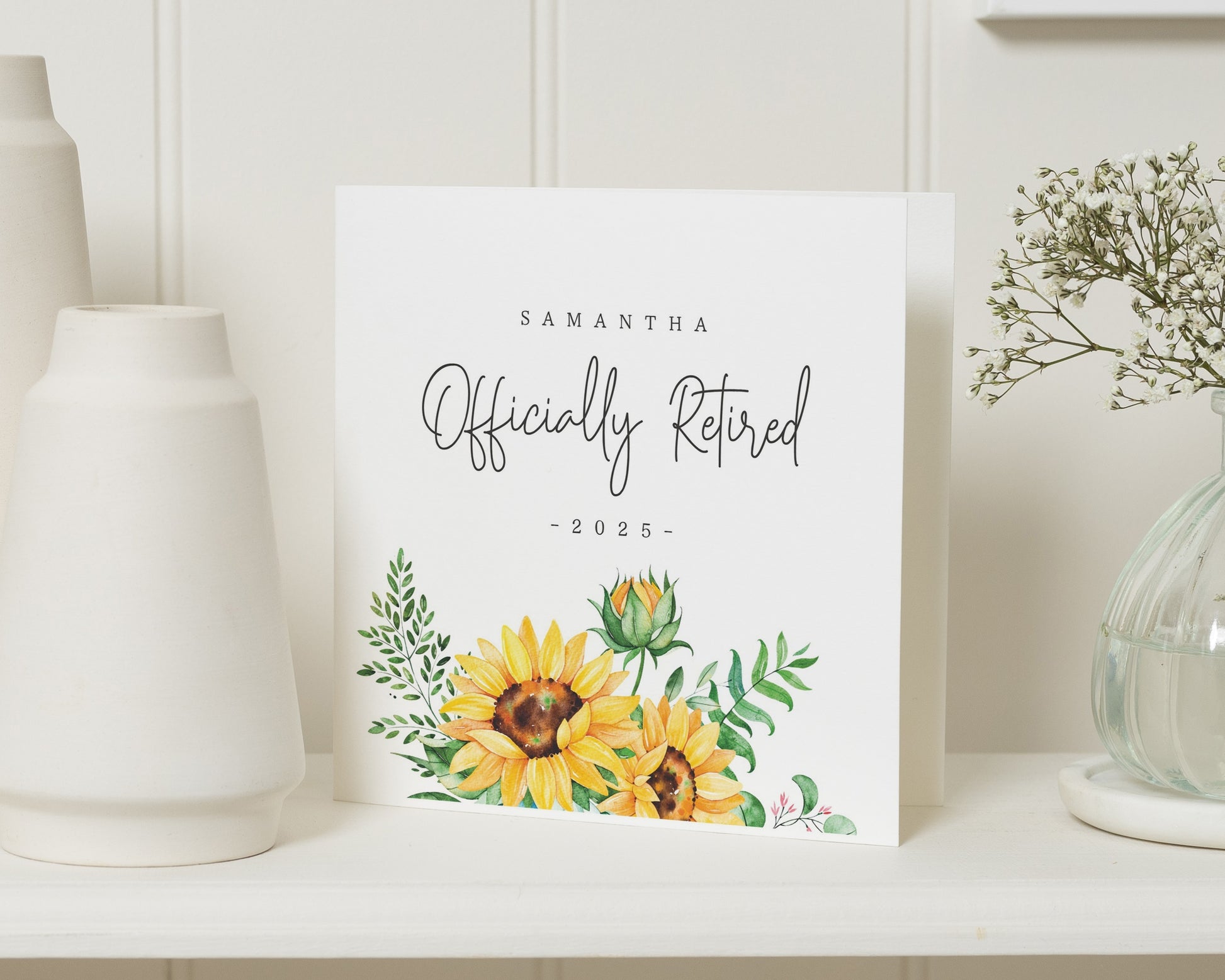 Retirement Card, Officially Retired Card, Personalised Retirement Card, Sunflower Card, Retirement Card for Her, Floral Retirement Card