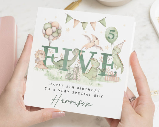 5th Birthday Card for Boy, Dinosaur Birthday Card, Personalised Birthday Card for Son, Fifth Birthday Card, Cute Birthday Card