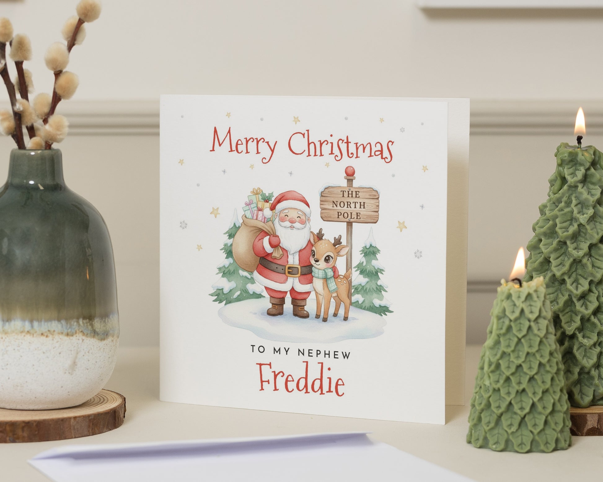 Christmas Card for Nephew, Personalised Nephew Christmas Card, Santa and Reindeer Card, Cute Christmas Card for Kids, North Pole Card