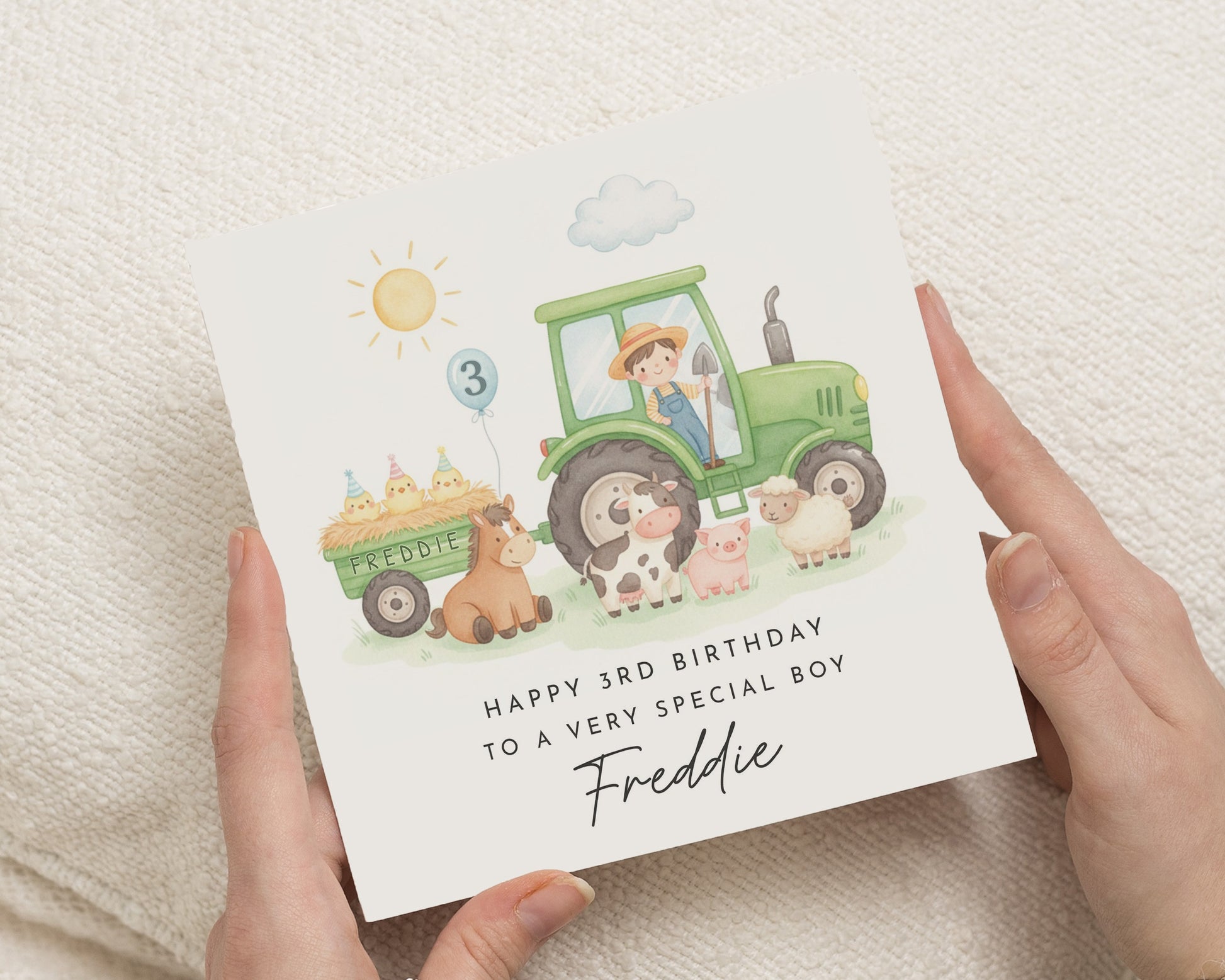 3rd Birthday Card for Boy, Personalised Tractor Birthday Card, Farm Animal Birthday Card, Special Birthday Card for Son, Kids Birthday Card