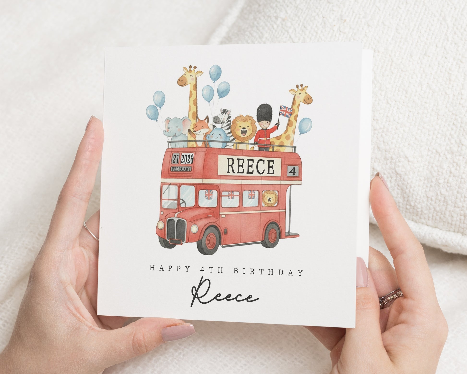 4th Birthday Card for Boy, Personalised Safari Animal Birthday Card, Birthday Card for Son, Kids Birthday Card, Red Bus Birthday Card