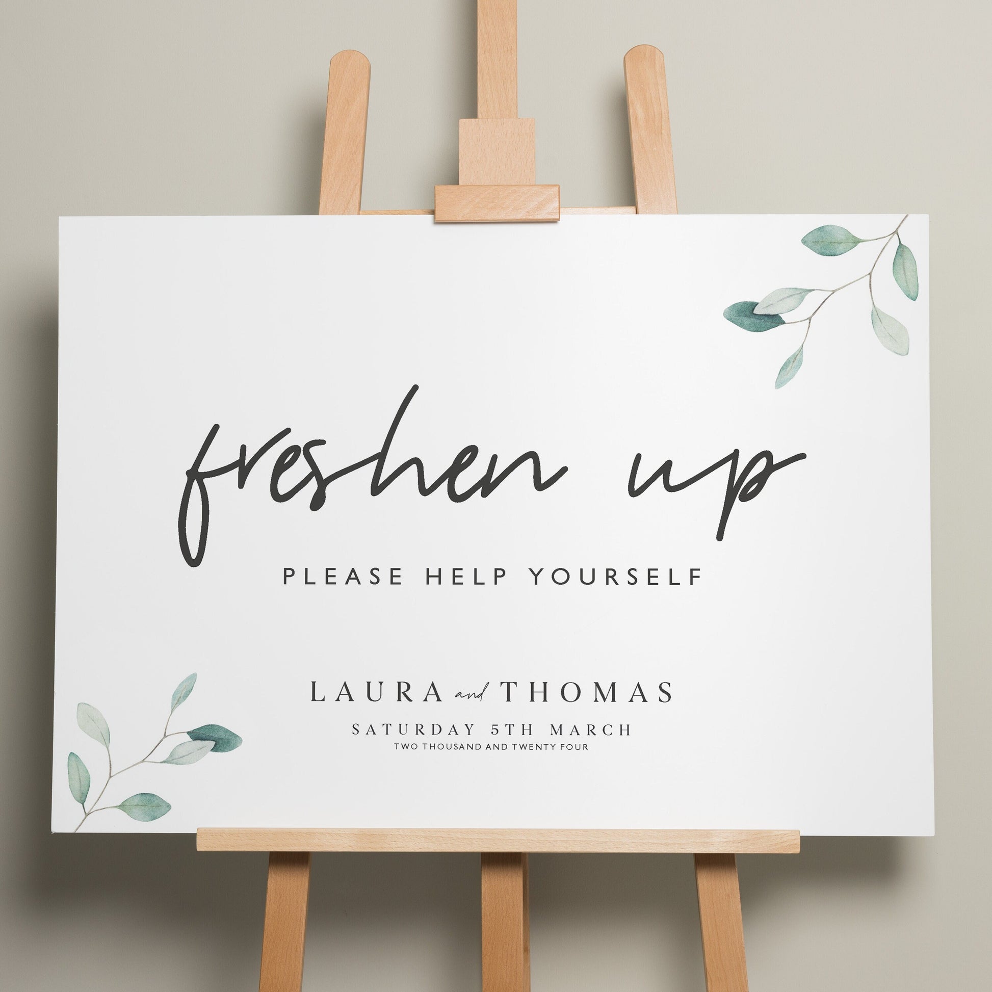 Wedding Freshen Up Sign, Bathroom Basket Wedding Sign, Botanical Wedding Signage, Greenery Help Yourself Sign, Minimalist Wedding 'Laura'