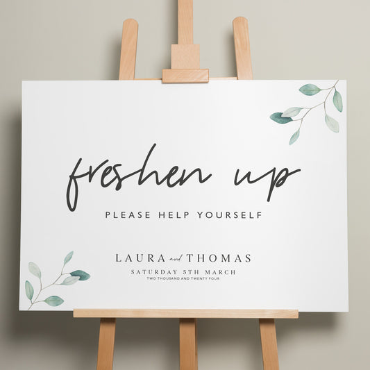 Wedding Freshen Up Sign, Bathroom Basket Wedding Sign, Botanical Wedding Signage, Greenery Help Yourself Sign, Minimalist Wedding 'Laura'