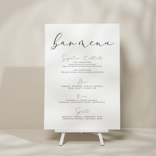 Calligraphy Wedding Drinks Menu Sign, Modern Bar Menu Wedding Sign, Minimal Wedding Sign, Drinks List, Script Wedding Design, 'Samantha'