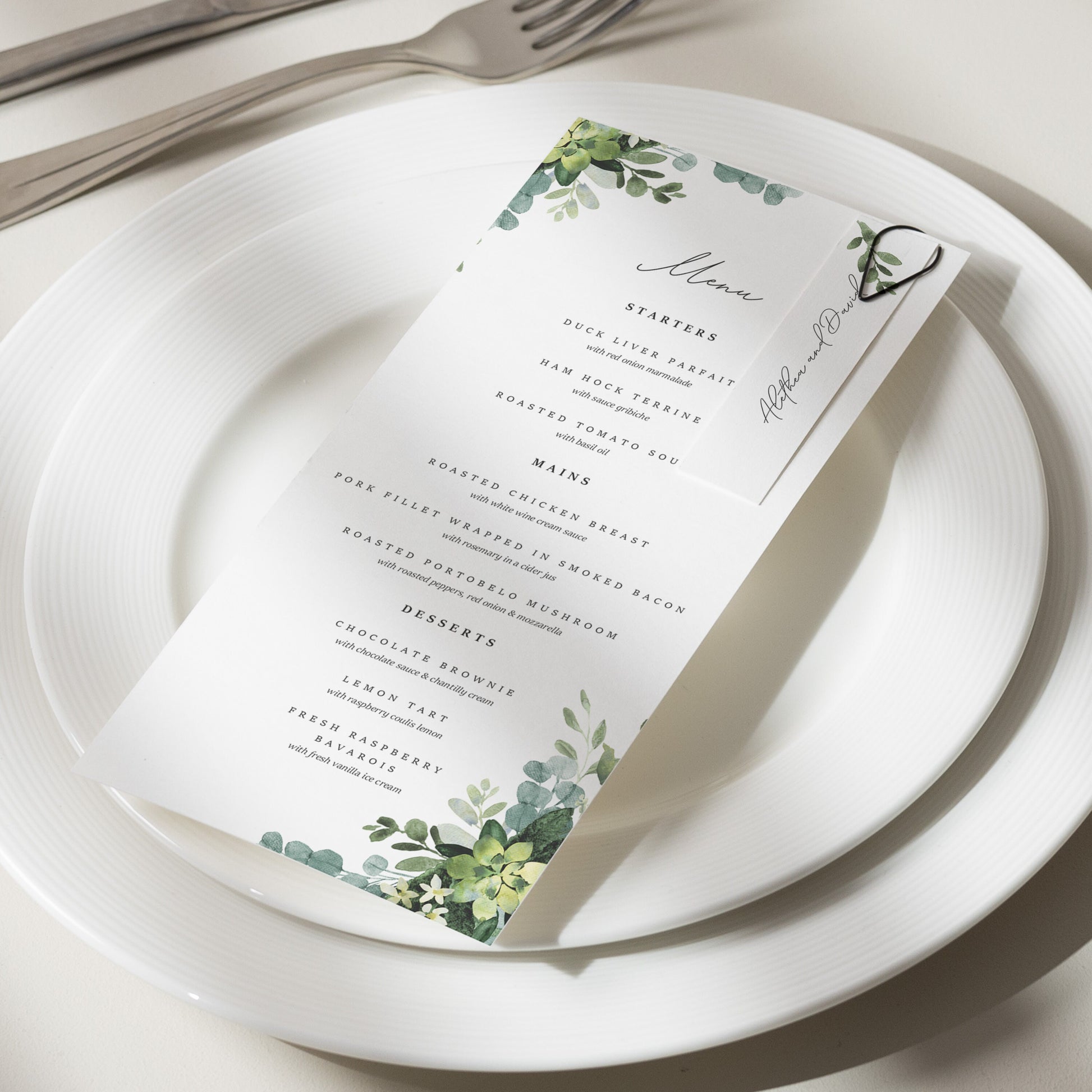 Greenery Wedding Menu, Wedding Menu Cards, Menu Card With Place Card, Floral Menu, Printed Menu Cards, Food Menu 'Alethea'