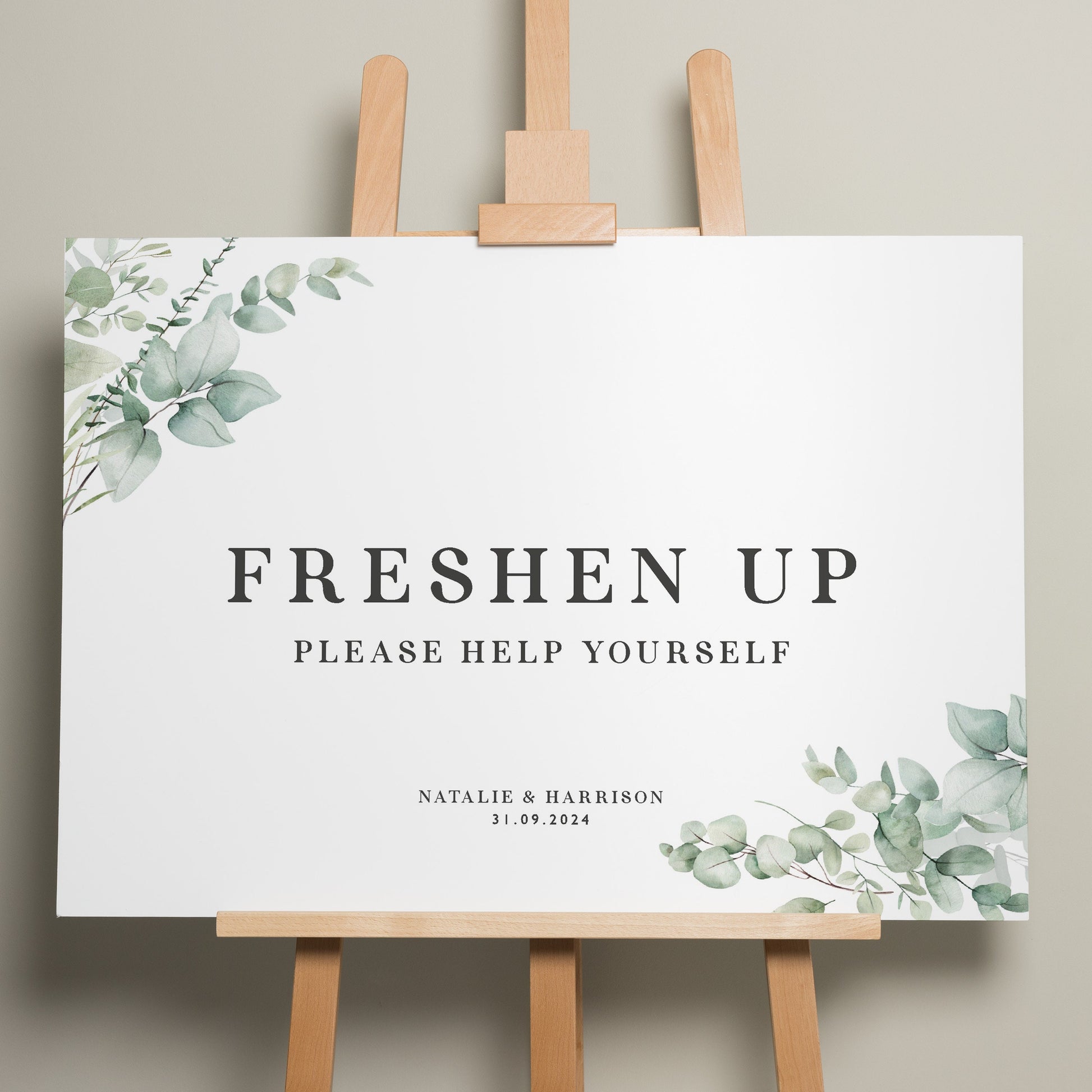 Botanical Wedding Freshen Up Sign, Bathroom Basket Wedding Sign, Wedding Toiletries Sign, Minimalist Foliage Wedding Theme Sign 'Natalie'