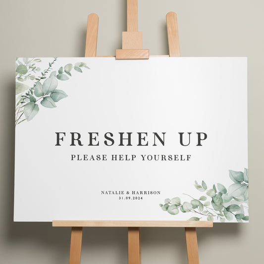 Botanical Wedding Freshen Up Sign, Bathroom Basket Wedding Sign, Wedding Toiletries Sign, Minimalist Foliage Wedding Theme Sign 'Natalie'