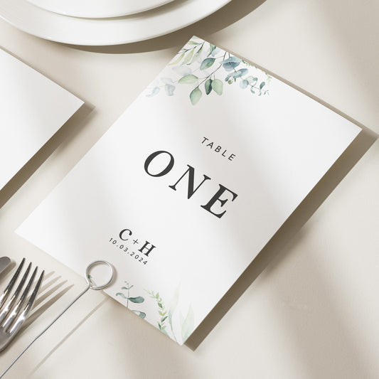 Personalised Greenery Wedding Table Numbers, Botanical Table Number Cards, Eucalyptus Reception Table Names, Rustic Table Number 'Charlotte'