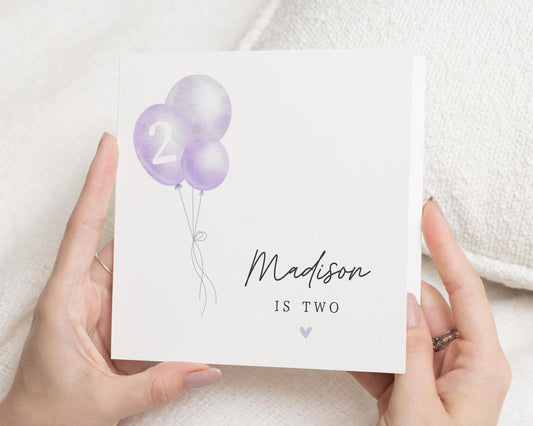 2nd Birthday Card for Girl, Personalised Two Year Old Birthday Card, Birthday Card for Daughter, Custom Age Card, Purple Balloon Card